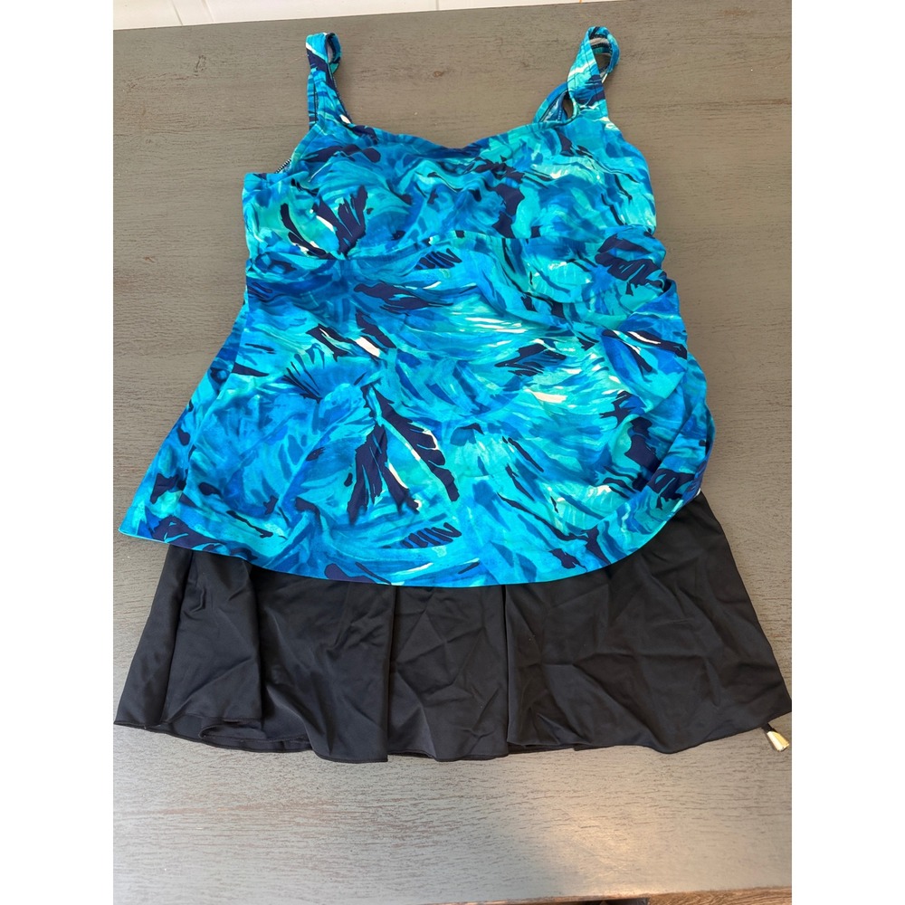 Maxine of Hollywood Tankini 16w Swimsuit Set Blue Tropical Print Swim Skirt